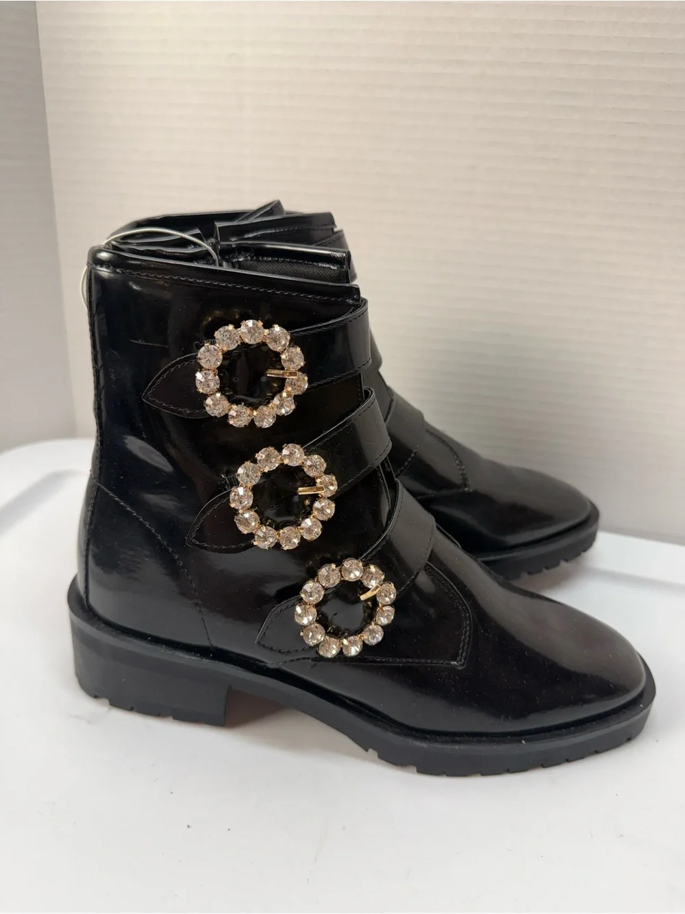 Nanette Lepore Iggy Black Patent Leather Buckle-Embellished Ankle Boots NEW 7